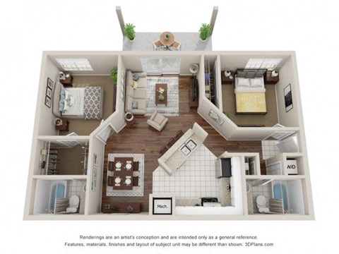 Floor plan for 2 beds, 2 baths, 921 sqft